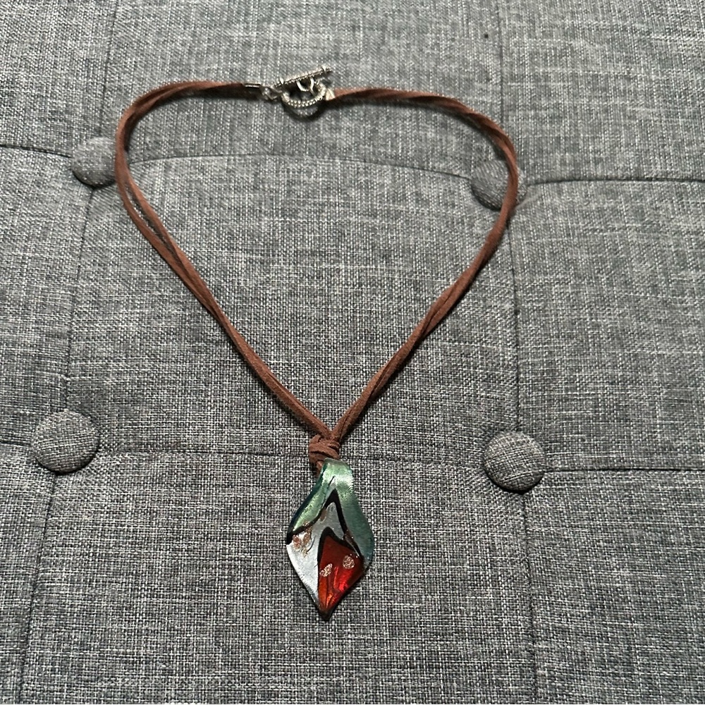 Vintage Necklace with painted glass teardrop pendant
